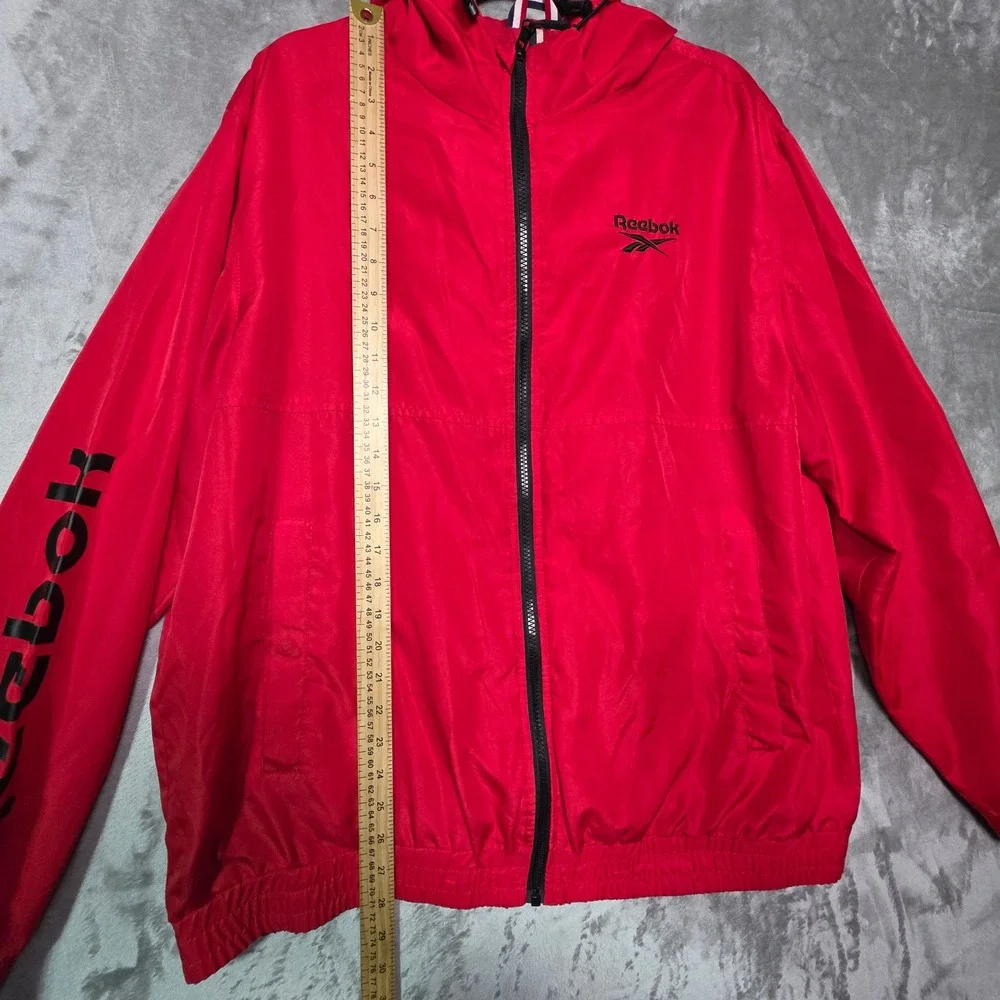 Reebok Mens Red Full Zip Hooded Windbreaker Jacket XL RN127805 Logo Sleeve